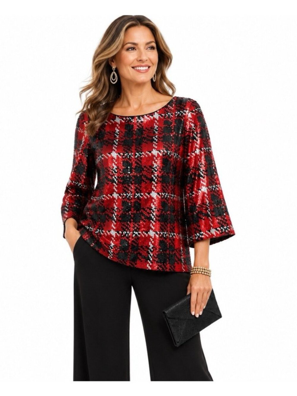 CHICOS shirt top blouse sequins plaid XL 3 holiday party festive evening dressy